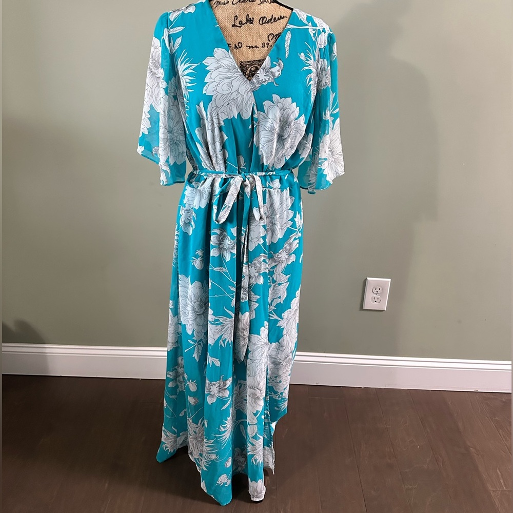 Lane Bryant Teal Floral Midi wrap-like style Dress